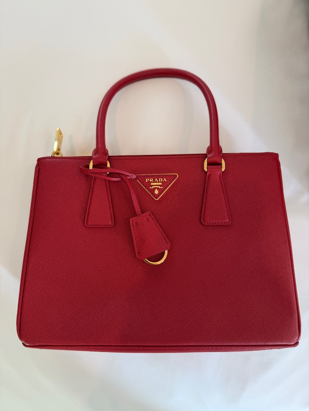 Prada Red Saffiano Top-Handle Satchel with Gold Hardware